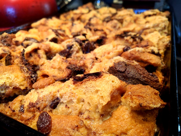 Panettone bread pudding with raisins and chocolate chips