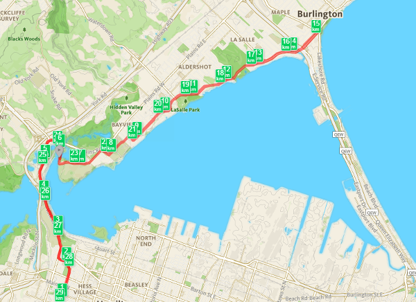 Bay Race training route from southwest Hamilton along North Shore Boulevard and back